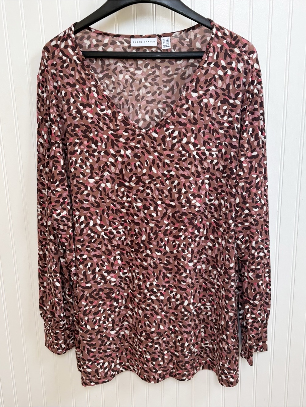 Susan Graver Women’s Plus Size2X Brown Pink Abstract Animal Print V-Neck Tunic
